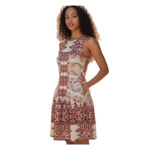 Sleeveless Patchwork Print A-Line Dress in Burgundy and Cream